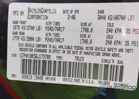 2006 Dodge Ram 1500 St из США, поврежденный, VIN 1D7HA18K56J173789